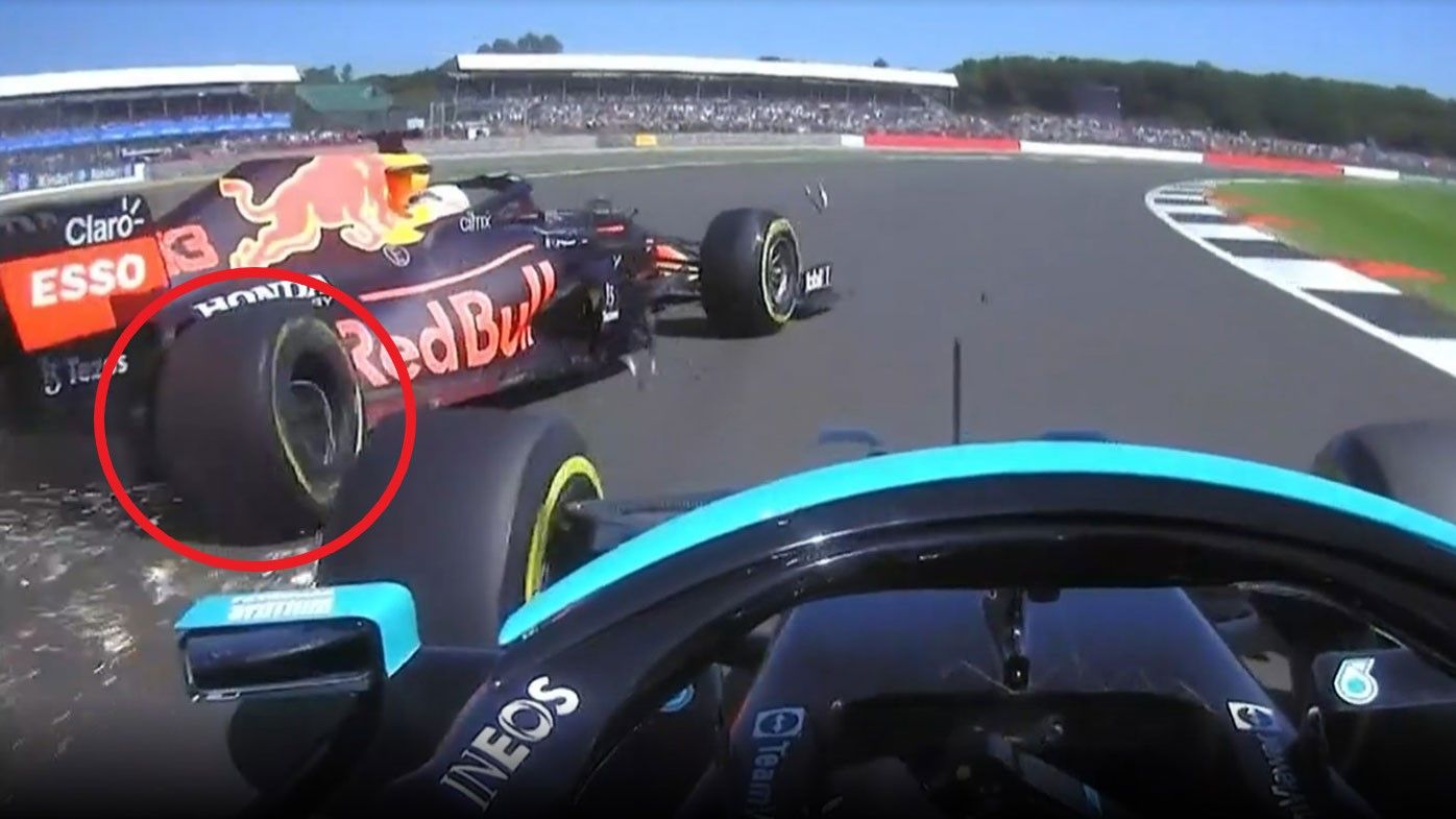 The view from Lewis Hamilton&#x27;s car  as he hits Max Verstappen at the British Grand Prix.