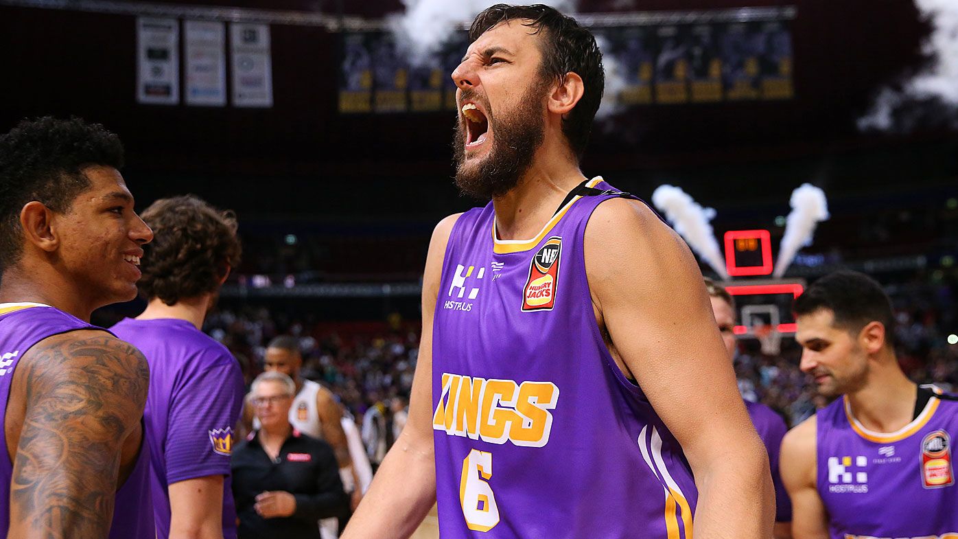 Andrew Bogut of the Kings celebrates victory during game three of the NBL Semi Final Series