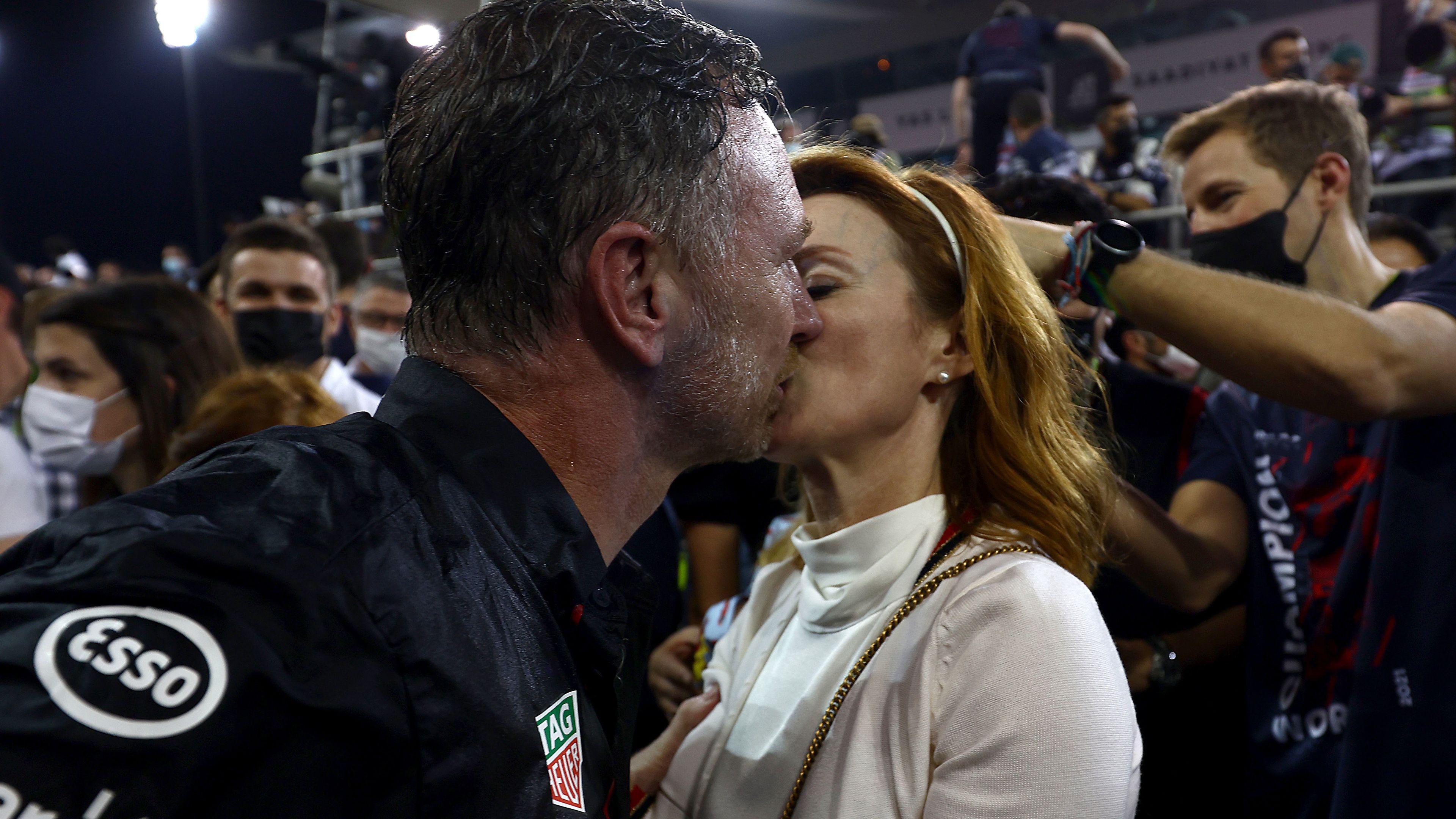 Red Bull boss Christian Horner kisses wife Geri Halliwell at a F1 Grand Prix.