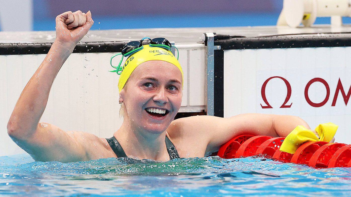 : Ariarne Titmus of Team Australia reacts after winning the gold medal in the Women&#x27;s 400m Freestyle Final on day three of the Tokyo 2020 Olympic Games at Tokyo Aquatics Centre on July 26, 2021 in Tokyo, Japan. (Photo by Maddie Meyer/Getty Images)