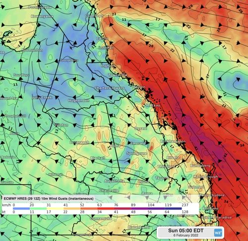 Wind gusts over the Queensland coast showing the cold front making it all the way north to Cairns.