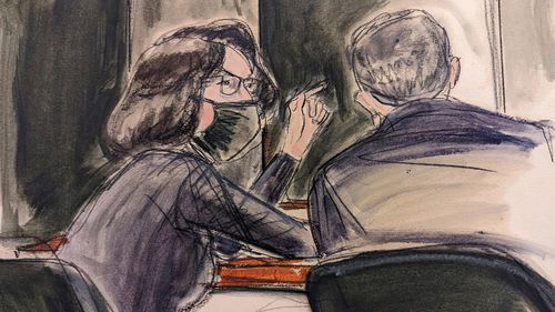In this sketch, Ghislaine Maxwell, seated left speaks to her defence attorney Christian Everdell prior to the testimony of "Kate" during the trial.