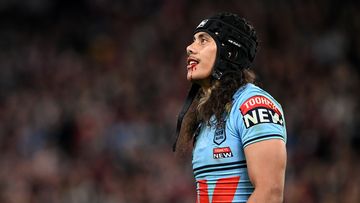 Jarome Luai leaves Suncorp Stadium with a bloody mouth after State of Origin II.