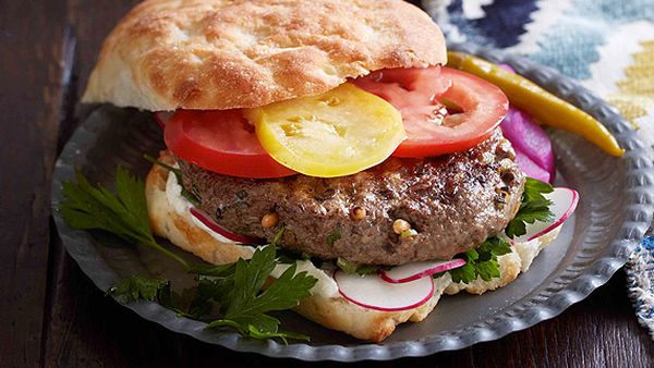 Spiced lamb and pine nut burgers with tahini yoghurt