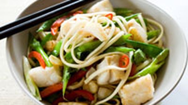Asian hoki with udon noodles