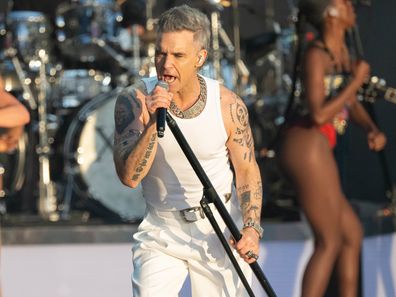 Robbie Williams performs on stage at BST Hyde Park July 6, 2024 