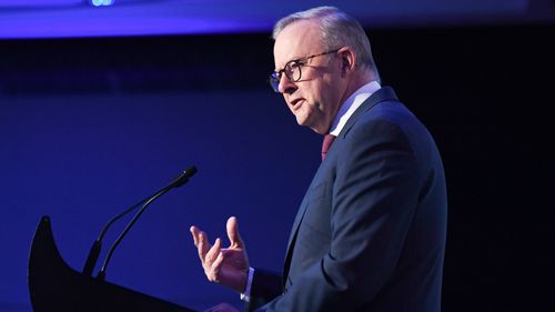 Prime Minister Anthony Albanese gives a speech.