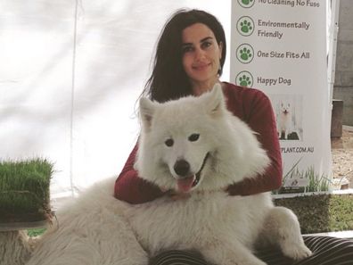 Julia Sakr with Barney before launching the Barney Bed.