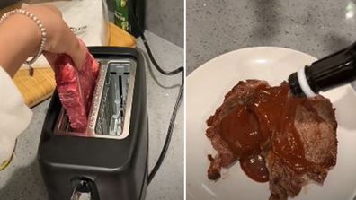 Woman cooks steak in a toaster