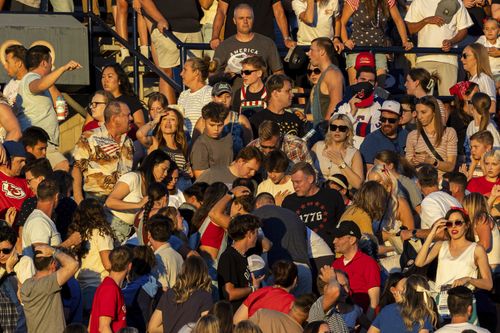 The crowd reacts after an errant firework exploded among attendees during Stadium of Fire held at LaVell Edwards Stadium in Provo, Utah, on Thursday, July 4, 2024.