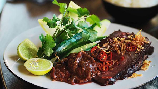 Grilled beef salad with eggplant relish