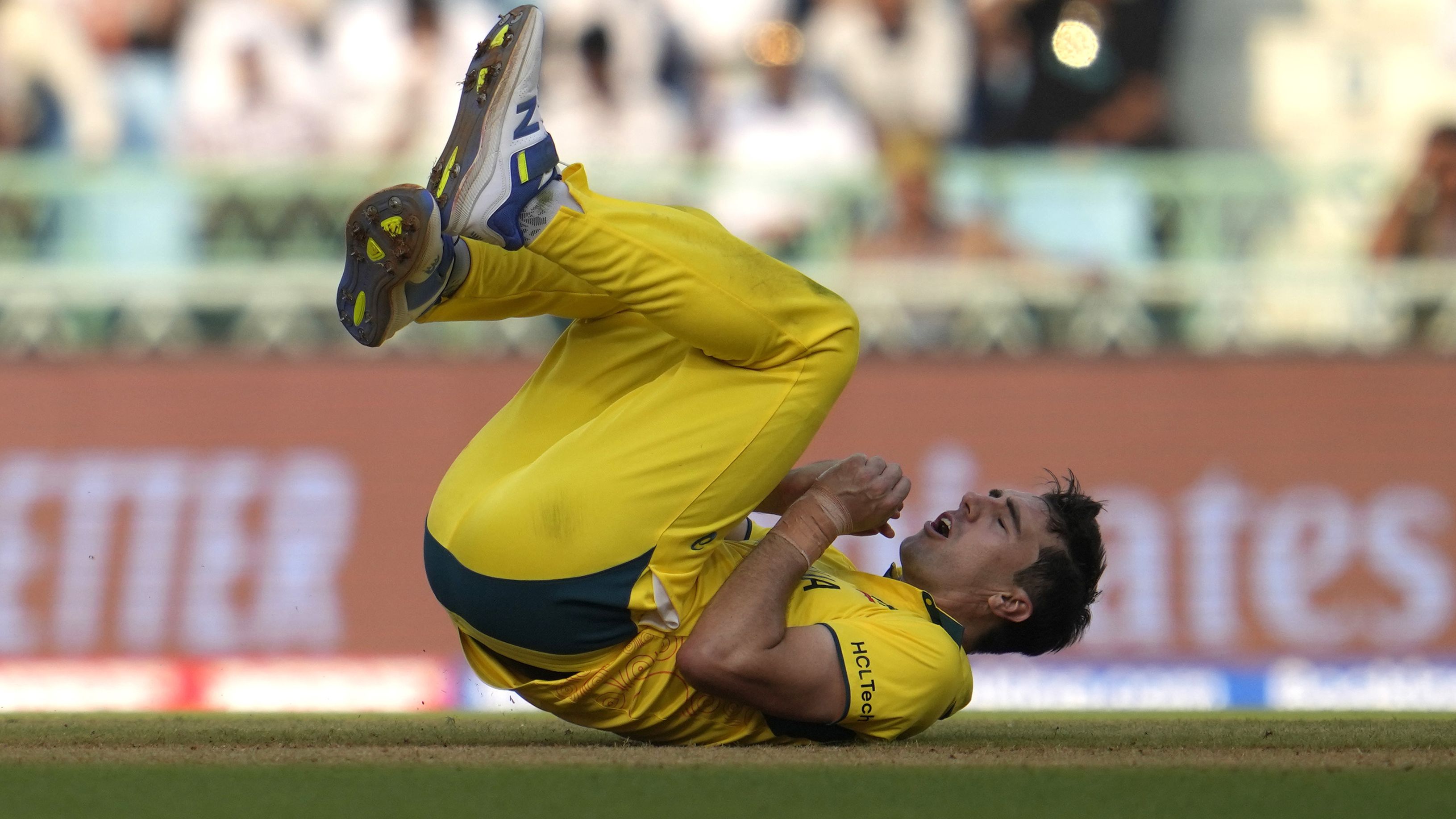 Australia&#x27;s captain Pat Cummins drops a catch off his own bowling during the ICC Cricket World Cup.