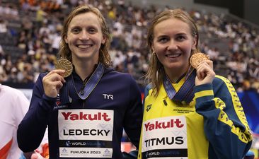 Gold medallist Katie Ledecky of Team United States and bronze medallist Ariarne Titmus of Team Australia pose during the medal ceremony of the Women&#x27;s 800m Freestyle Final on day seven of the Fukuoka 2023 World Aquatics Championships at Marine Messe Fukuoka Hall A on July 29, 2023 in Fukuoka, Japan. (Photo by Sarah Stier/Getty Images)