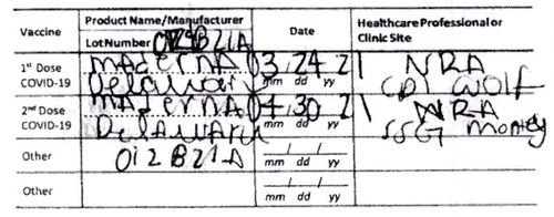 This document provided by the Hawaii Attorney General's Office shows a fake COVID-19 Vaccination Record Card from an Illinois woman visiting Hawaii. 