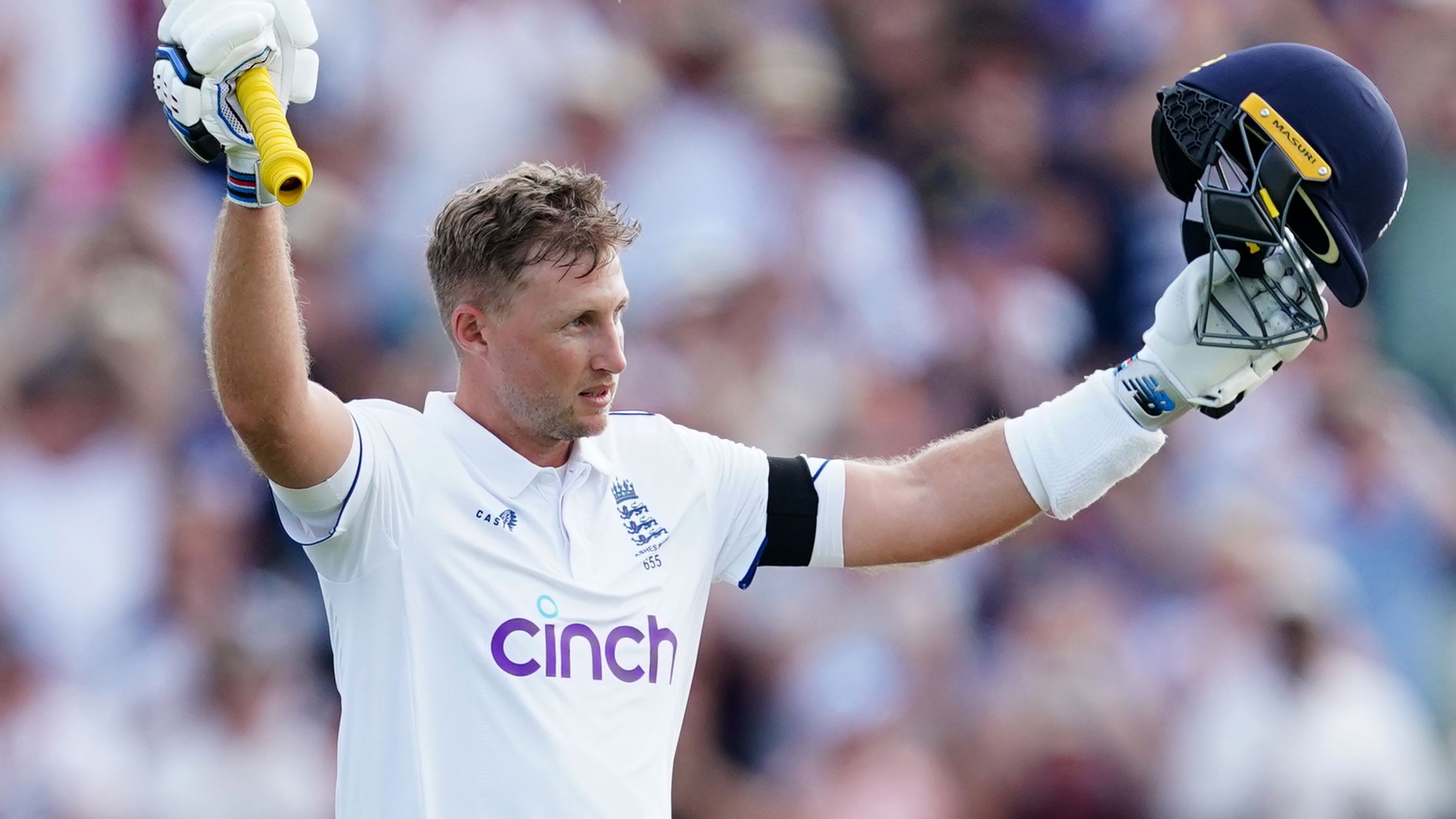 England&#x27;s Joe Root celebrates reaching his century on day one of the first Ashes test match at Edgbaston, Birmingham. Picture date: Friday June 16, 2023. (Photo by Mike Egerton/PA Images via Getty Images)