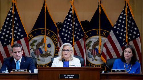 Reprezentanții Adam Kinzinger, Liz Cheney și Elaine Luria la audierea publică a comisiei din 6 ianuarie.