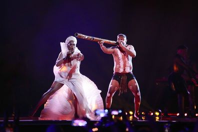 Electric Fields of Australia perform the song One Milkali (One Blood) during the first semi-final at the Eurovision Song Contest in Malmo, Sweden, Tuesday, May 7, 2024.