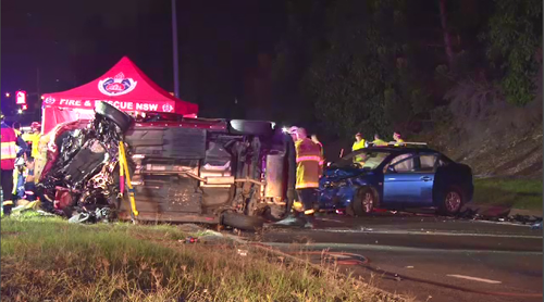 An 18-year-old man was killed in a horrific crash in Sydney's southwest on Good Friday when a 26-year-old driver crossed to the wrong side of the roads and collided with seven vehicles. Picture: 9NEWS.