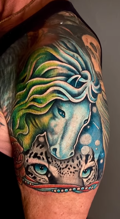 Sylvester Stallone covers up second tattoo of Jeniffer Flavin with a colour horse and leopard combo.
