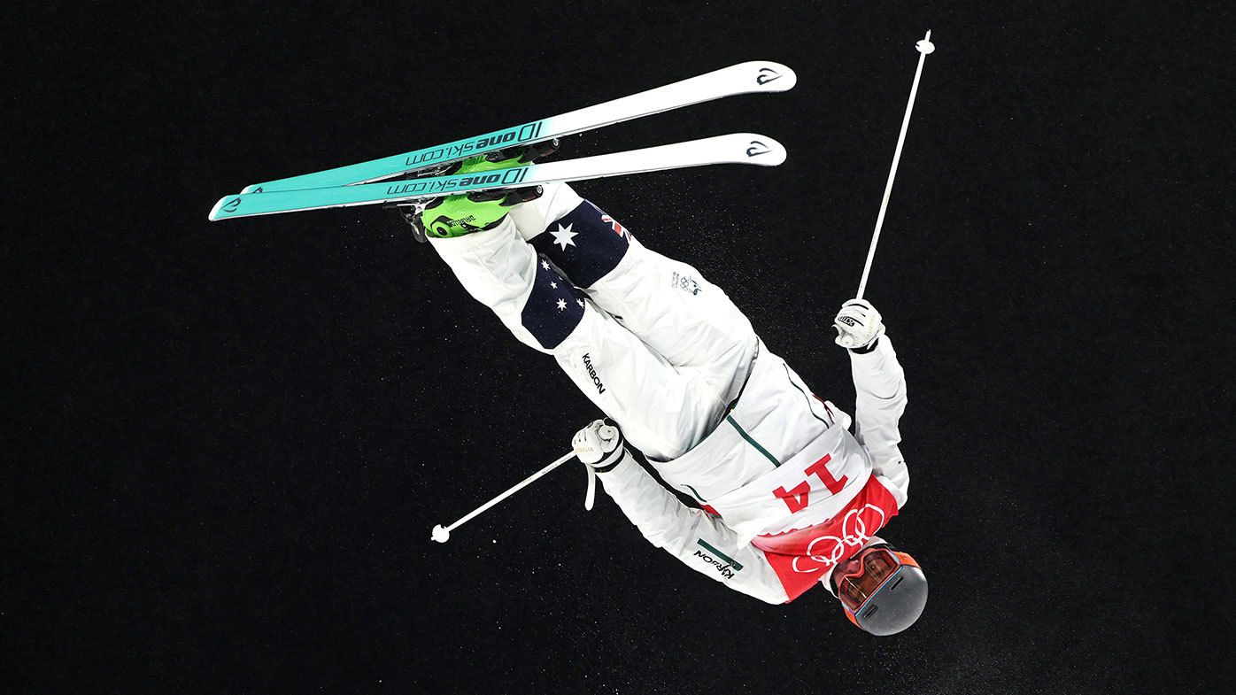 Cooper Woods-Topalovic of Team Australia performs a trick during the Men&#x27;s Freestyle Skiing Moguls