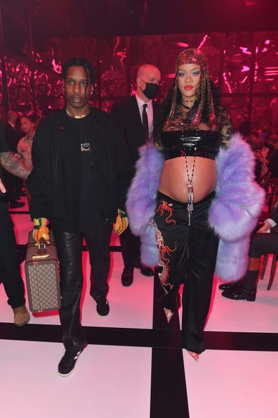 ASAP Rocky and Rihanna are seen at the Gucci show during Milan Fashion Week Fall/Winter 2022/23.