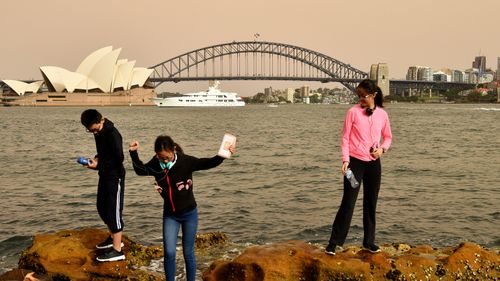 Tourists play by the harbour under beige skies.