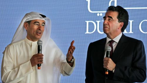 Spanish-Swiss architect Santiago Calatrava Valls, right, and with Emaar Properties Chairman Mohamed Alabbar, left, speak during a press conference in Dubai. (AP)