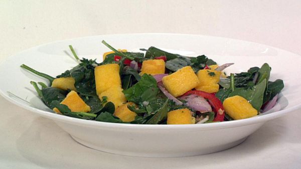 Crispy polenta, capsicum & walnut salad