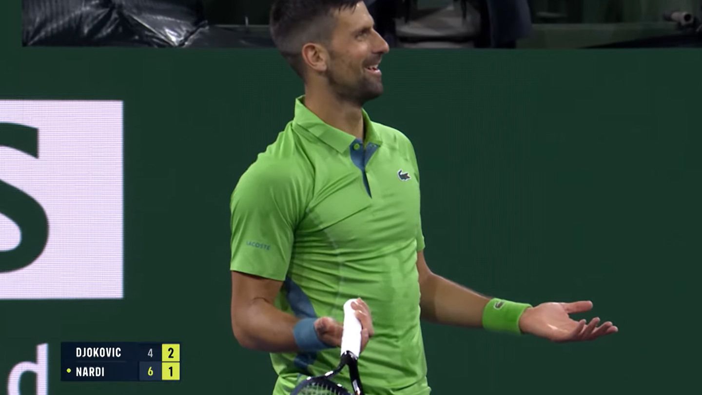 Novak Djokovic gesticulates at the umpire after an awkward moment in the match between Luca Nardi.