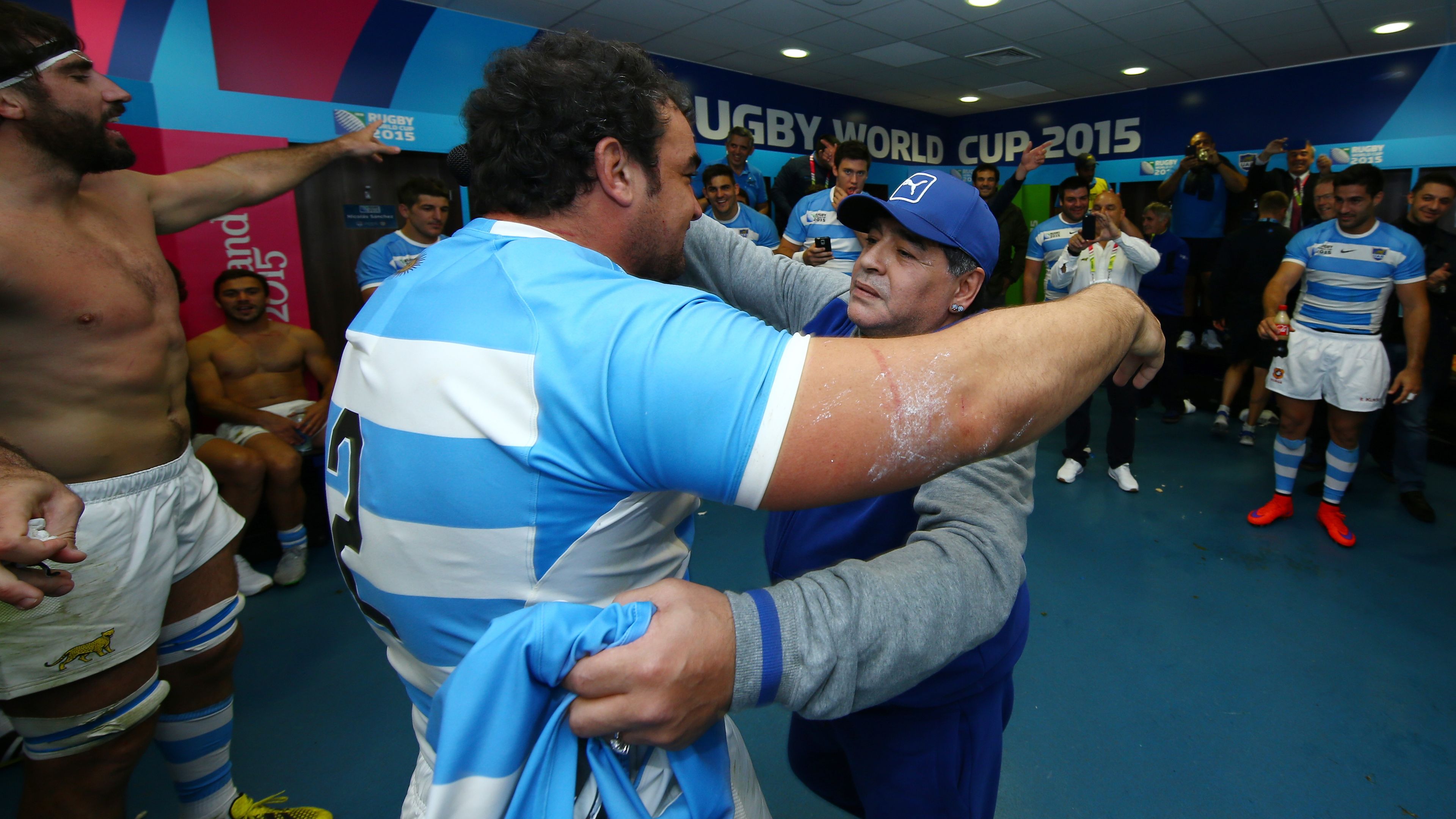 Diego Maradona embraces Argentina captain Agustin Creevy at the 2015 Rugby World Cup.