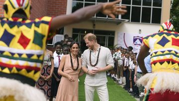 Prince Harry and Meghan visit children at the Lights Academy in Abuja, Nigeria, Friday, May 10, 2024.   