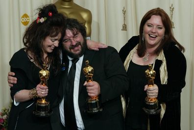 Writers Fran Walsh, Peter Jackson and Philippa Boyens, winners of Best Adapted Screenplay for "The Lord of the Rings; Return of the King"  pose backstage with their Oscars during the 76th Annual Academy Awards at the Kodak Theater on February 29, 2004 in Hollywood, California.  