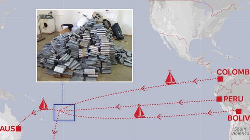 Map showing routes operated by South American drug cartels to traffic shipments of cocaine to Australia and New Zealand.