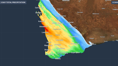 Forecast accumulated rainfall during the 48 hours ending at 8pm AWST on Tuesday, August 16, according to the ECMWF-HRES model.