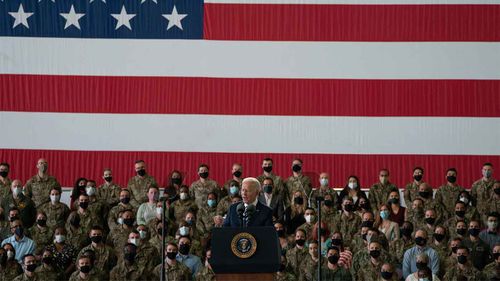 Joe Biden addressing troops at RAF Mildenhall in Suffolk, England.