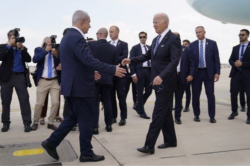 President Joe Biden is greeted by Israeli Prime Minister Benjamin Netanyahu