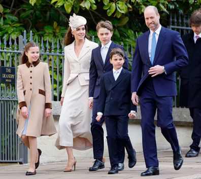 Princess Charlotte of Wales, Catherine, Princess of Wales, Prince George of Wales, Prince Louis of Wales and Prince William, Prince of Wales attend the traditional Easter Sunday Mattins Service at St George's Chapel, Windsor Castle on April 5, 2026 in Windsor, England. (Photo by Max Mumby/Indigo/Getty Images)