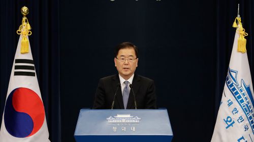 South Korean delegation head, National Security Director Chung Eui-yong speaks to the media at the presidential Blue House in Seoul, South Korea. (AAP)