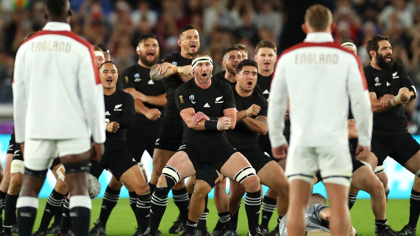 The All Blacks perform the haka ahead of the World Cup semi final against England.