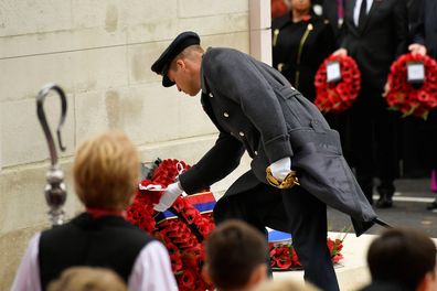 LONDON, ENGLAND - NOVEMBER 14: Prince William, Duke of Cambridge lays a wreath as he attends the annual National Service of Remembrance at the Cenotaph in Whitehall, on November 14, 2021 in London, England. This year's event will see a return to pre-pandemic numbers of participating veterans, military and members of the public. (Photo by Toby Melville - WPA Pool/Getty Images)