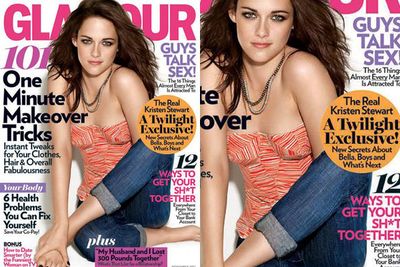 Kristen Stewart has a case of the disappearing arm on the cover of <i>Glamour</i> in 2011.