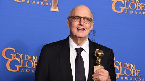 Jeffrey Tambor poses in the press room with the award for best actor in a TV series, musical or comedy for “Transparent” at the 72nd annual Golden Globe Awards. (AAP)