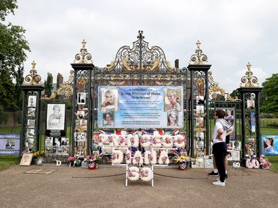 Tributes to Princess Diana outside the gates of Kensington Palace on what would have been her 60th Birthday on July 01, 2021 in London, England. 
