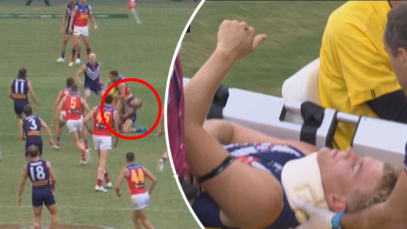 Fremantle defender Karl Worner was knocked out cold after an accidental collision with Lion Lincoln McCarthy.