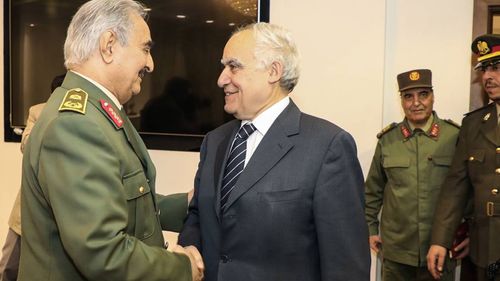 Ghassan Salame (Left), Special Representative of the Secretary-General and Head of UNSMIL (Centre) shaking hands with commander of the Libyan National Army.