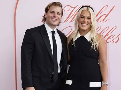 MELBOURNE, AUSTRALIA - NOVEMBER 02: Jackson Warne and Brooke Warne pose for a photo during 2024 Derby Day at Flemington Racecourse on November 02, 2024 in Melbourne, Australia. (Photo by Sam Tabone/Getty Images)