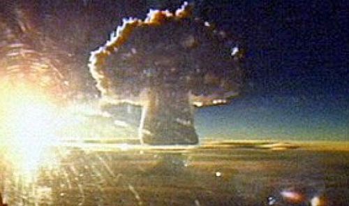 The mushroom cloud after the Tsar Bomb exploded over Arctic Russia in 1961.