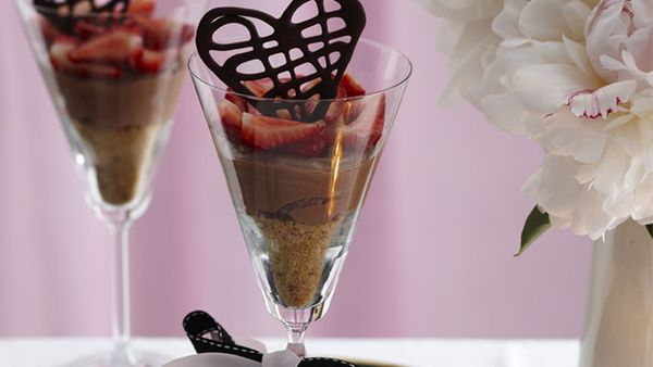 Chocolate and strawberry cheesecake in a glass