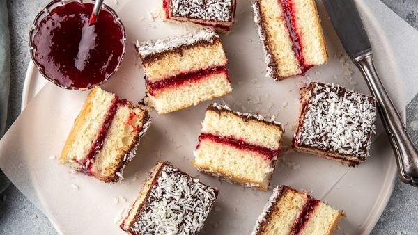 australian lamington cake with raspberry jam, top view