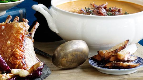 Roast pumpkin soup with pancetta and parmesan